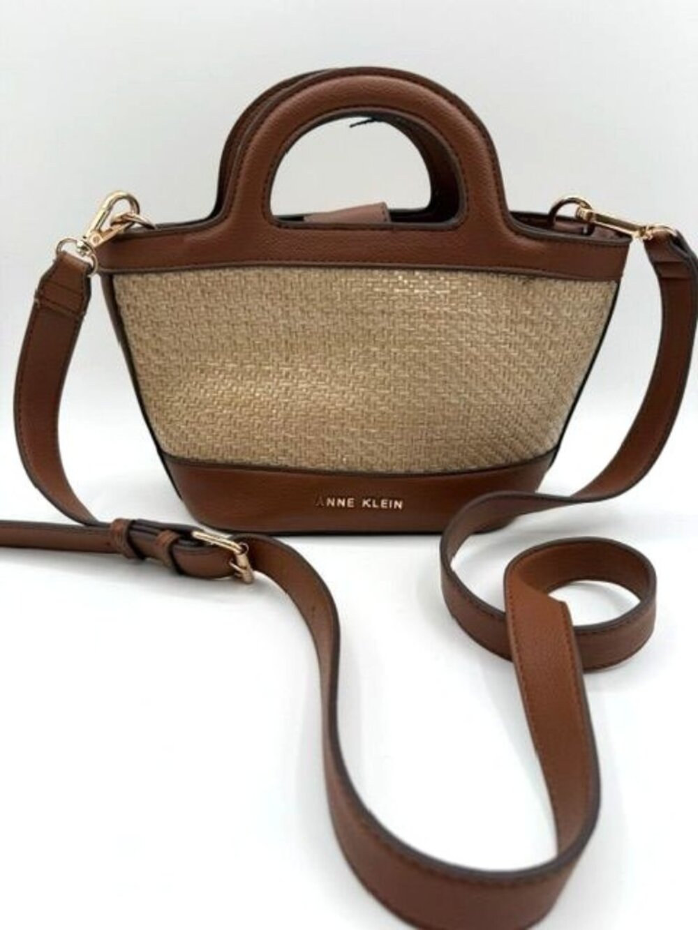 Anne Klein Brown/Beige Woven Top Handle Crossbody Satchel Removable Strap